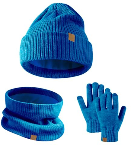 MUNSKT Ensemble 3 pièces bonnet, écharpe et gants d'hiver pour enfants - Bonnet tricoté thermique chaud - Cache-cou et mitaines tactiles - Doublure en polaire souple élastique pour enfants de 5 à 12