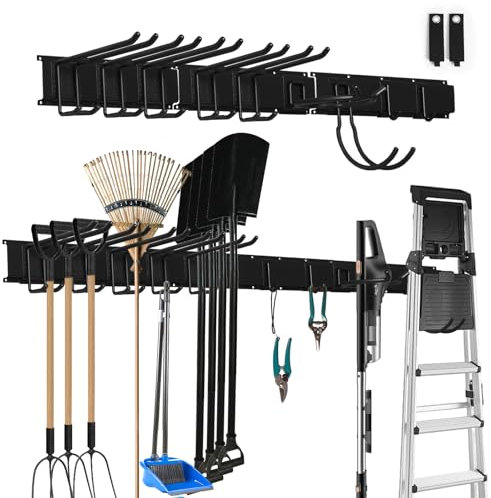 SDLDEER Gartengeräte Halterung, Garagen Wand Management Aufbewahrungsregal, Robuste Edelstahlhalterung mit 9 Haken, Besenhalterung Wand für Brush Mop Besen und Werkzeugaufbewahrung (Schwarz)