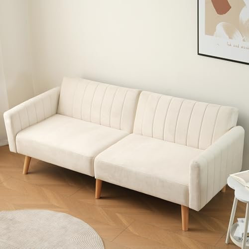Gegtuon Couch Sofa 2 Sitzer Schlafsofa mit Schlaffunktion und Rückenlehne, Bettsofa Klappsofa Gästebett Schlafcouch Loungesofa mit Armlehnen, Wohnzimmer Schlafzimmer Gästezimmer, Velvet (Beige)
