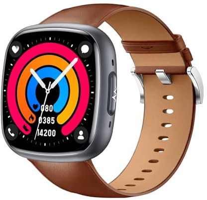 Knauermann Neo 2 (2025) - Negro Rectangular - Reloj de Salud Smartwatch - ECG - Función HRV - Bluetooth BT - Apnea del Sueño - Presión Arterial - Pulsera de Cuero de Vaca Marrón, Höhe: 42mm; Breite: