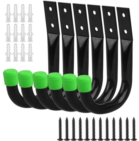Garage Hooks, 6 Pcs Garage Storage Heavy Duty J Hooks,Ladder Storage for Hanging, Wall Mounted Hanger Brackets forWall Bike Chair Garden Hose Garden Tool (Green)