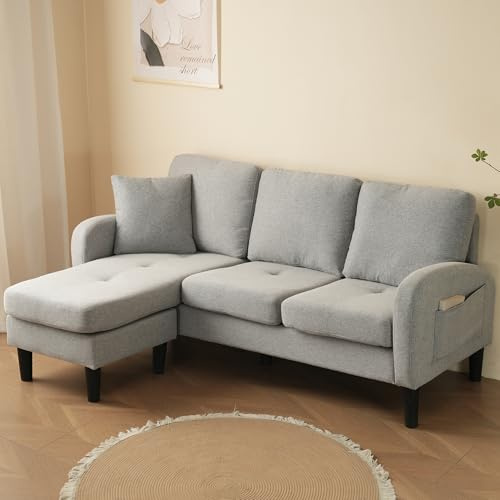 sogesfurniture Modulares Ecksofa mit Chaiselongue, L-förmiges 3-Sitzer-Sofa mit Kissen, Atmungsaktiver Baumwoll-Leinenstoff, für Wohnzimmer, Schlafzimmer, Büro, 166 x 118 x 77 cm (Grau)