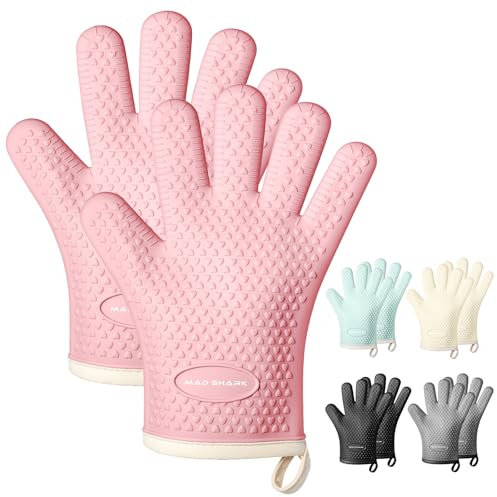 MAD SHARK Silicone Oven Mitts Heat Resistant 450 Degrees,Waterproof & Non-Slip Oven Gloves with Fingers,Cotton Lined Silicone Oven Gloves Kitchen Mitts for Baking Cooking Barbecue,Women (Pink)