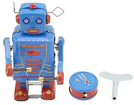 Clockwork Drumming Robot Toy | Retro Handmade Tinplate Wind Up Robot | Collectible Present for Young Ones/Adults/Vintage Enthusiasts | Plays Drums While Moving
