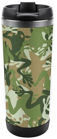 Qjjinxior 13oz/380ml Stainless Steel Insulated Travel Coffee Cup, Frog Camouflage Travel Mug with Leakproof Lid, Non-Slip Bottom