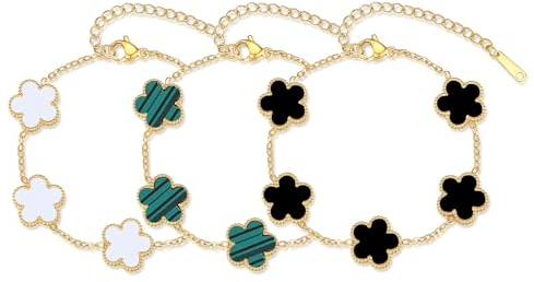 ZhouWei 3 Stück Vierblättriges Kleeblatt Armband Damen, Armband Kleeblatt Schmuck Gold Adjustable Glücksarmband Armreif Vergoldeter Armreif, für Hochzeit Geburtstag Glücksschmuck