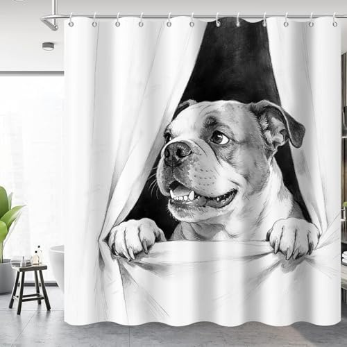 GCIREC Duschvorhang, 180x200cm, Lustige Bulldogge Schwarz Weiß Schöner Hund Tier Abstrakt Wasserdichter Stoff Maschinenwaschbarer Badezimmervorhang mit Haken