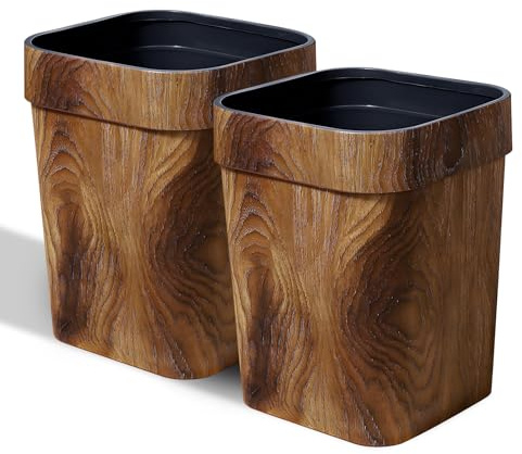 Wood Grain Plastic Waste Bin 2-Pack, 13L Farmhouse Bathroom Bin Retro Style, Brown Trash Can for Room Aesthetic, Square Trash Bin, Open Top Garbage Bin for Office, Living Room, Hotel, Bedroom