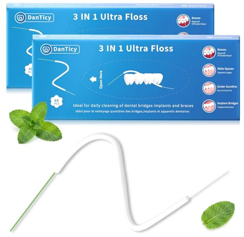 Filo interdentale prefabbricato 3 in 1, filo interdentale, filo interdentale spugnoso, filo interdentale normale, 160 pezzi (2 confezioni), menta