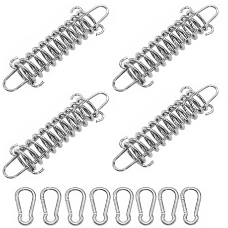 4PCS Tent Spring Buckles with 8 Carabiner Clips, Heavy Duty Stainless Steel Rope Tensioner for Awning Camping