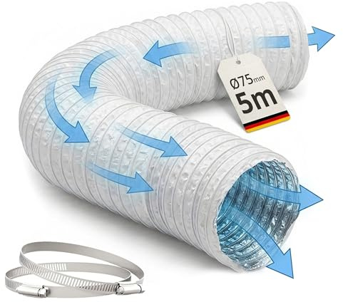 Relaxdays Abluftschlauch, 2 Schellen, Ø 75 mm, 5 m, PVC, Aluminium, weiß | gasdicht, temperaturbeständig, Luftschlauch
