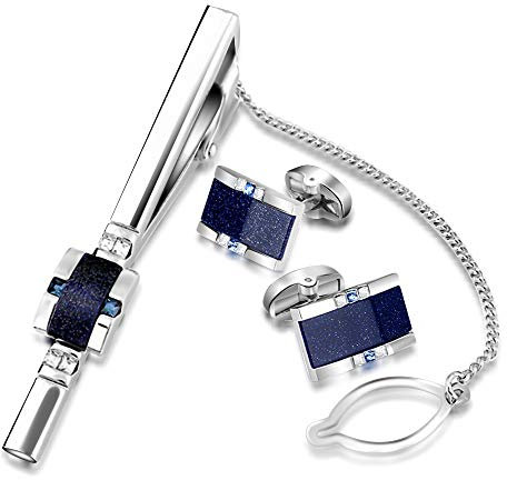 BagTu Boutons de manchette et pince à cravate Starry sky avec boîte-cadeau et carte de voeux, Boutons de manchette Galaxy Bleu foncé et pince à cravate pour hommes