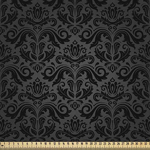 ABAKUHAUS Dunkelgrau Gewebe als Meterware, Schwarzer Damast mit Blumen, Dicht Gewebter Stoff zum Nähen Polster Wohnaccessoires, 3M (148x300cm), Schwarz Grau