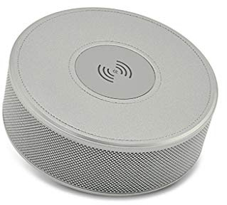 Kashyk - Altavoz 2 en 1 con Bluetooth y cargador inalámbrico rápido para teléfono móvil compatible con Samsung y iPhone, ABS + metal., plata, Tamaño libre