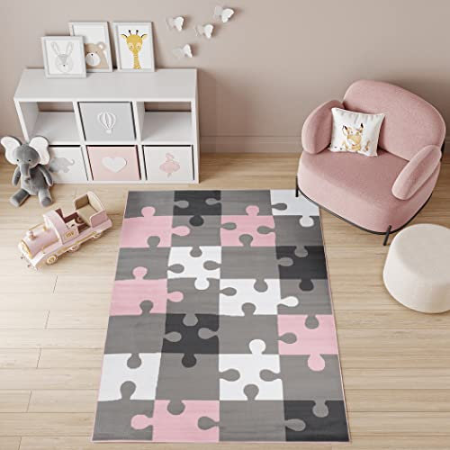 TAPISO Pinky Teppich Kurzflor Rosa Grau Weiß Modern Puzzle Design Kinderzimmer Jugendzimmer Wohnzimmer Schlafzimmer Spielteppich ÖKOTEX 120 x 170 cm