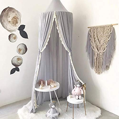 Naturer Baby Betthimmel Baldachin Grau für kinderzimmer mit Spitze Moskitonetz Chiffon Babybett Kinder Mosquito Net Hängende Moskitons Babyzimmer Dekoration
