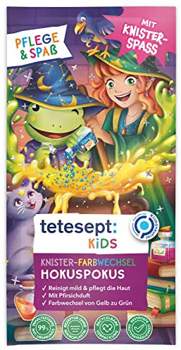 tetesept Kinder Badespaß Knister-Farbwechselbad Hokuspokus – Pflegender Badezusatz mit fruchtigem Pfirsichduft für Kinder – 1 x 45 g