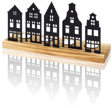 SKONIDA Moderne Weihnachts-Krippe – Winter Teelichthalter aus Holz – Design Lichtobjekt mit Stadt-Silhouette für Advent