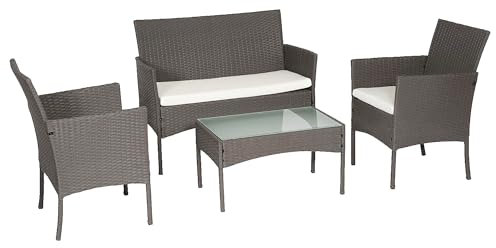 Tulum - Gartenmöbel 4-Sitzer - 1 Sofa, 2 Sessel, 1 Couchtisch - Wasserabweisende und Abziehbare Kissen mit Reißverschluss - Grau/Beige