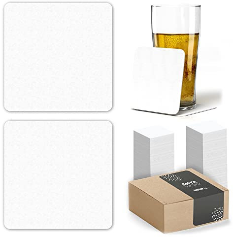 100 Posavasos de Cartón Originales, Decorativos y Absorbentes para Bebidas y Líquidos. Portavasos para Mesa con Efectos de Acabado 10 x 10 cm y 1,4 mm Espesor. (Blanco Cuadrado, 100)