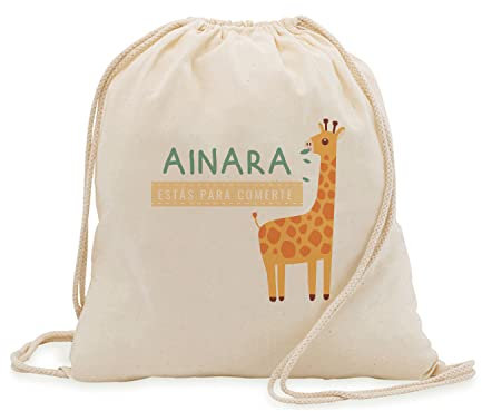 PROMO SHOP Mochila Cuerdas 100% Algodón Natural · PERSONALIZADA con tu Nombre o Foto a Todo Color en Impresión Textil · Diferentes Diseños para Personalizar · Tamaño 41cm x 37cm (JIRAFA)