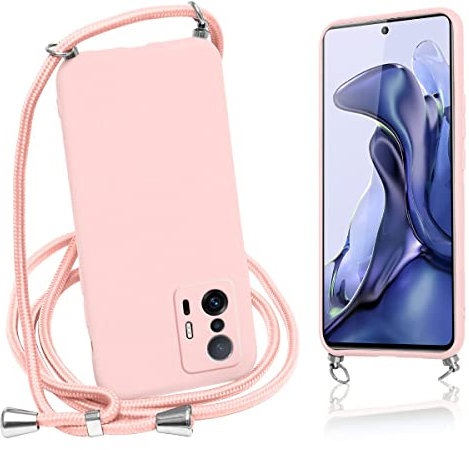 Vauki Coque avec Cordon pour Xiaomi 11T/11T Pro 5G Rose Silicone Coque Collier Réglable Téléphone Étui Lanyard Case Souple TPU Antichoc Bumper Tour de Cou Chaîne Housse de Protection 6,67 Pouces