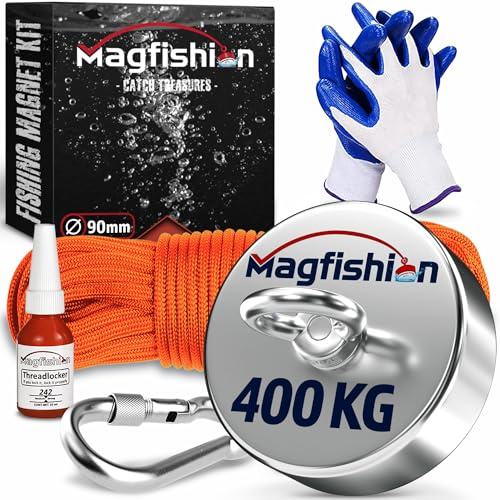 MAGFISHION Juego de Pesca Magnética - 400 KG - Ø90mm - Imanes Potentes | Imanes Neodimio Potentes con Cuerda (20M) & Guantes - Iman de Neodimio - Pesca Magnetica