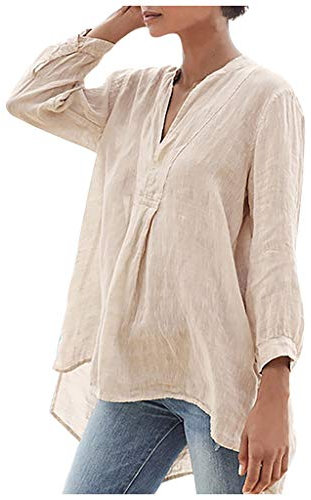Leinen Bluse Damen Sommer Langarm V-Ausschnitt Grosse Grössen Leinentunika Leinenoberteile Leinenbluse Einfarbig Tshirt Loose Elegant Oberteile Pullover T-Shirts Tops, Beige, M