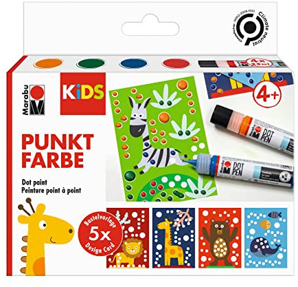 Marabu 0311000000102 - KiDS Dot Pen Set Tiere 4 x 25 ml, Punktfarbe auf Wasserbasis für dotting Technik, trocknet matt und erhaben auf, für bunte Bildgestaltung mit der Dot Painting-Technik