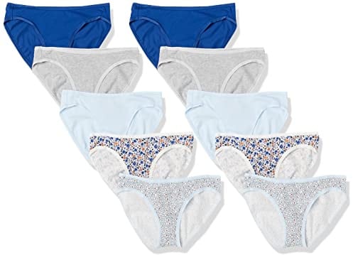 Amazon Essentials Women's Cotton Bikini Brief Underwear (Available in Plus Size), Pack of 10, Blue/Grey Heather/Pale Blue/Ditsy Floral/Floral, 8