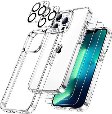 JETech 5 in 1 Case for iPhone 13 Pro 6.1-Inch, with 2-Pack Screen Protector and Camera Lens Protector, Non-Yellowing, Full Coverage Tempered Glass Film, Shockproof Bumper Phone Cover (Clear)