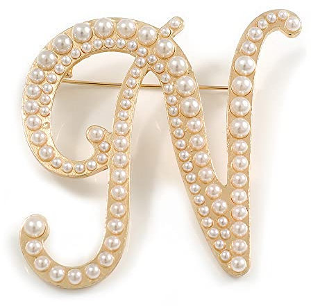 'N' Grande broche en plaqué or avec fausses perles blanches et initiale de l'alphabet N - Cadeau personnalisé - 55 mm de haut, taille unique, Fausses perles, pierres précieuses, métal