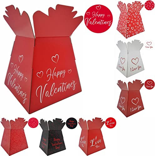 Valentines/Love/Anniversary Bouquet Box Vase - Transportation/Display Flower Box (Red with Happy Valentines & Hearts)