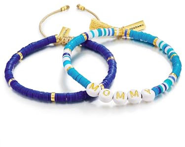 Yokoamii Damen Set (Armband 2er) Edelstahl gelbvergoldet 14 Karat Heishi Perlen blau weiß lila Mommy Perlenarmband