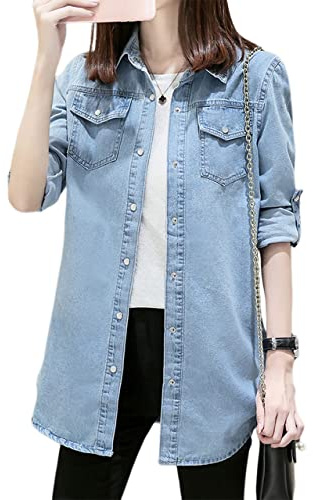 Jofemuho Womens Classic Long Jean Jacket Plus Size Loose Long Sleeve Button Down Denim Jacket Trench Coat, X-light Blue, XL