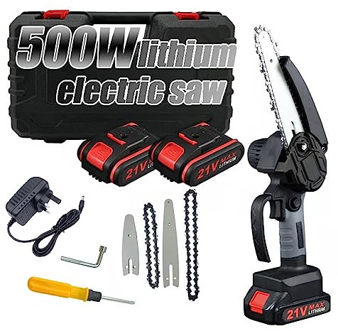 Irishom Mini Chainsaw, 4 inch&6 inch Portable Electric Chainsaw Cordless with Security Lock 2 Chains 2PCS 21V 1500mAh Batteries,Small Handheld Chainsaw for Garden Courtyard Branches Wood Cutting Tree
