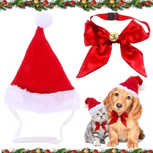 Hundekostüm Weihnachten, Weihnachtsmütze Katze, Einstellbare Größe Rot Hut und Krawatte, Weihnachten Hundekostüm Haustier Nikolausmütze, Weihnachtskostüm Haustier Zubehör für Katzen Hunde