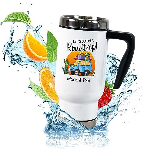 True Statements Thermobecher „Let’s go on a Roadtrip!“ personalisiert – 470ml mit Handgriff - ToGo Kaffeebecher für unterwegs – Geschenke für Kollegen, für Arbeit & Auto (Roadtrip)