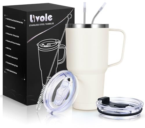 Livole 30oz 900ml Travel Tumbler with Handle, Insulated Vacuum Travel Coffee Mug, Stainless Steel Water Bottle Flask, Double Walled Leakproof Thermal Mug for Camping, Sports, Office, Home, Off-White