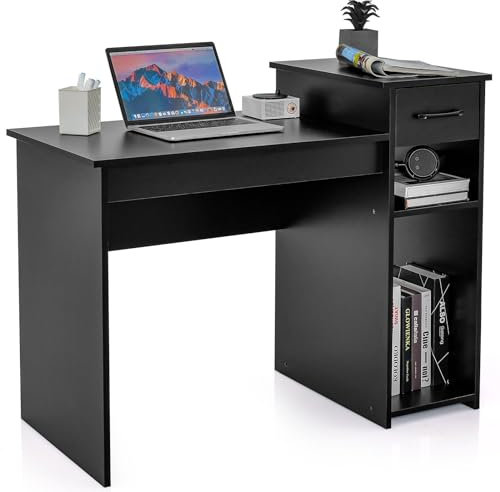 CASART Computer Desk, Modern Writing Desk Compact Study Desk with Drawer & Storage Shelves, Wooden Computer Workstation PC Laptop Table for Home Office Bedroom (Black)