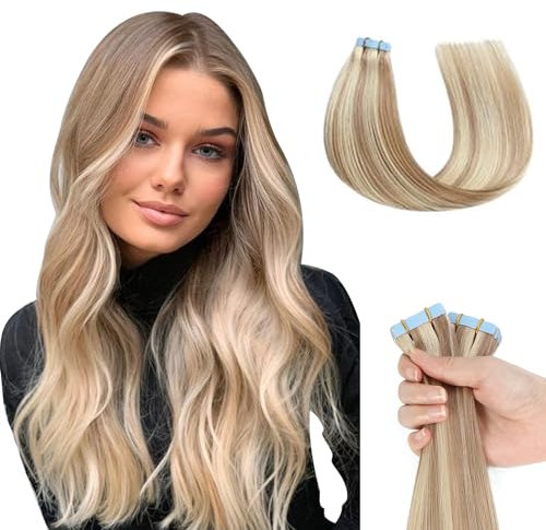 Evala tape extensions echthaar haarverlängerung echthaar 40cm 40g tape in extensions echthaar 20 Stück, Tapes Extensions P18/613 Gesträhnt Aschblond mit Bleichblond