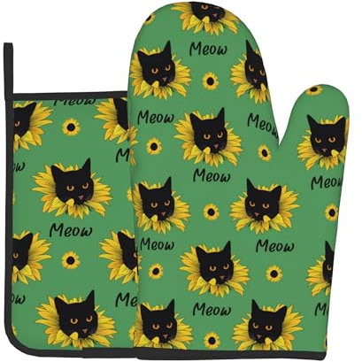 NETUFE Ofenhandschuhe mit schwarzer Katze, Sonnenblumen-Design, hitzebeständig, für Damen und Herren, zum Kochen, Grillen, Backen, 2 Stück