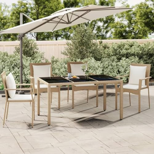 AUVYI Gartentisch mit Glasplatte Beige Poly Rattan & Hartglas 150x90x75cm Balkontisch Klein Sofatisch Wohnzimmer Esszimmertische Coffee Table Camping Tisch Beistelltisch Outdoor Stehtisch