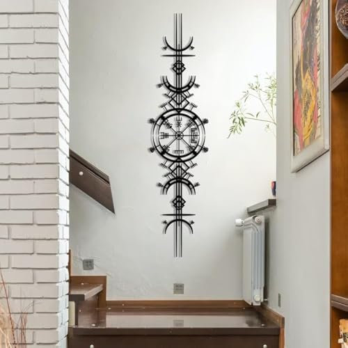 NORTH KAISER Metall Wandkunst – Wanddekoration Wikinger-Wegfinder – Außergewöhnliche Vegvisir-Skulptur – Wandbehang Wikingersymbol – Runenkreis Mjölnir – Altes Nordisches Zeichen (75 x 25 cm)