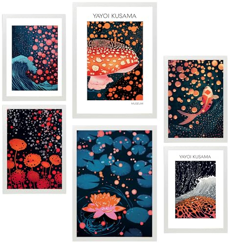 Nacnic 6er-Set Yayoi Kusama Pilz Ola Japanische Dunkle Farben Gerahmtes Poster mit Design-Illustrationen zur Dekoration der Wände Ihres Zuhause Zimmer Büro Laden Malerei im A3 & A4 Weißer Rahmen