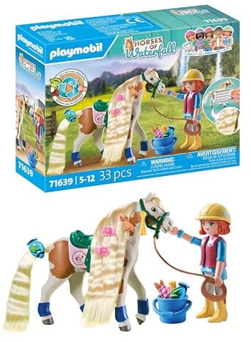 PLAYMOBIL Horses of Waterfall 71639 Ellie & Pferd mit Kreppeisen, inklusive Haarschmuck für kreative Pferdefrisuren und Zwei echten Silikon-Armbändern, nachhaltiges Spielzeug für Kinder ab 5 Jahren