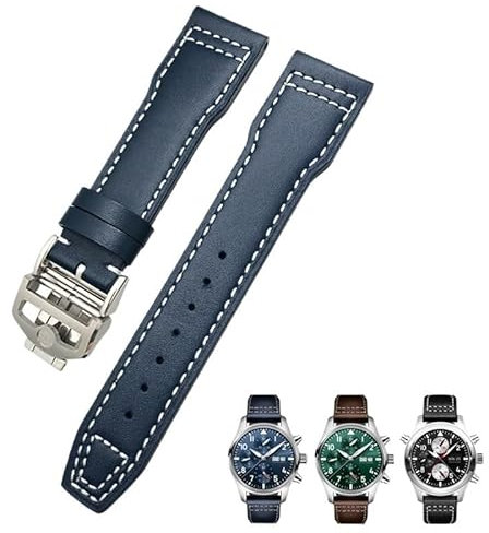 EAMOM 21 mm 20 mm Rindsleder-Armband, passend für IWC-Fliegeruhren, Portugieser-Armbänder, blaues Uhrenarmband-Zubehör, Herren-Werkzeug (Color : Blue white Folding, Size : 20mm)
