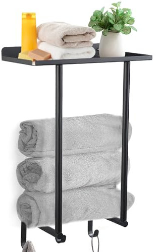 Gzsekken Wall Mounted Towel Rack,Towel Holder Towel Storage with Metal Shelf & 3 Hooks,Steel Towel Rack for Bathroom Wall, Can Hold 3 Large Size Rolled Towel Holder Organizer, Black