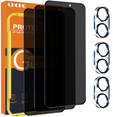 QHOHQ für iPhone 16 für Panzerglas Sichtschutz + Kamera Schutzfolie, Militärstandard Bruchfest, [Full Screen], Ultra Top 9H+ Glas, Anti-Spähen Folie, Anti-Kratzer, mit Installationshilfe [3+3 Stück]