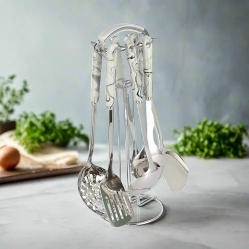 KitchBoom Marble Kitchen Utensil Set - Premium 304 Stainless Steel with Ceramic Handles, 7-Piece Cooking Tool Set with Carousel